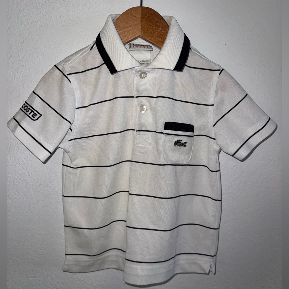 Like New Lacoste Sport Polo Shirt Boy Size 4 XS White Black Stripes